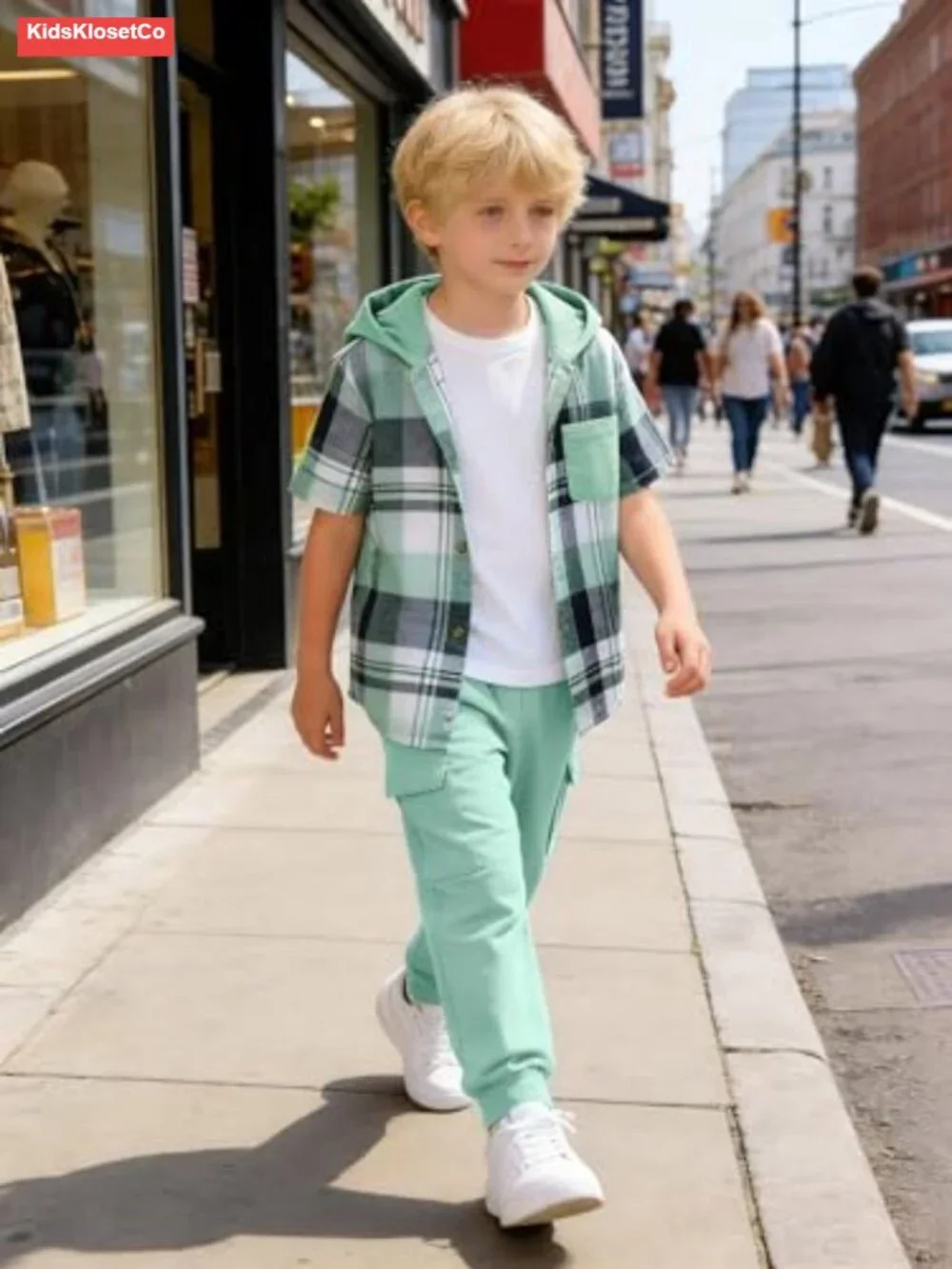 Boys Plaid Short Sleeve Hooded Button Shirt and Jogger Pants Set